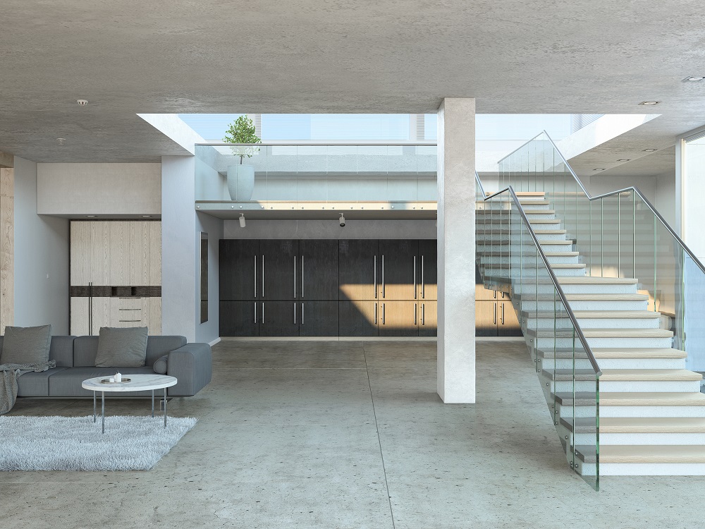 wide stairs of modern house with concrete floor