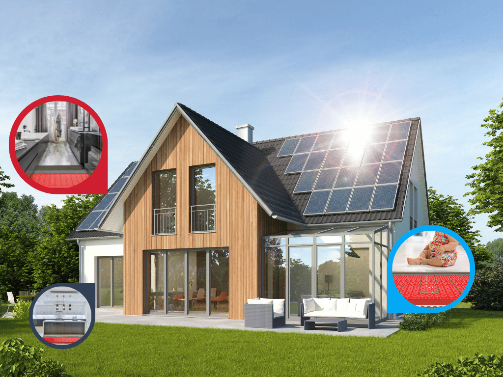 Woning met zonnepanelen op het dak en laag vermogen vloerverwarmingen