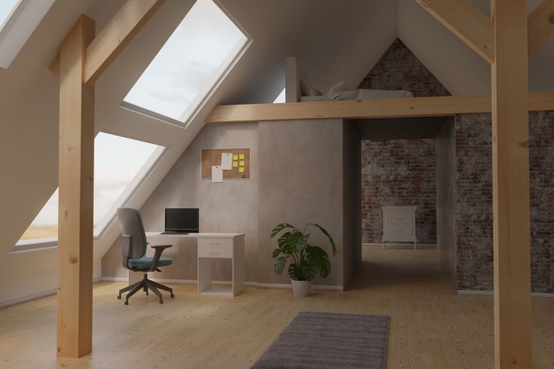 bright attic home office interior with roof beams and laminate floor