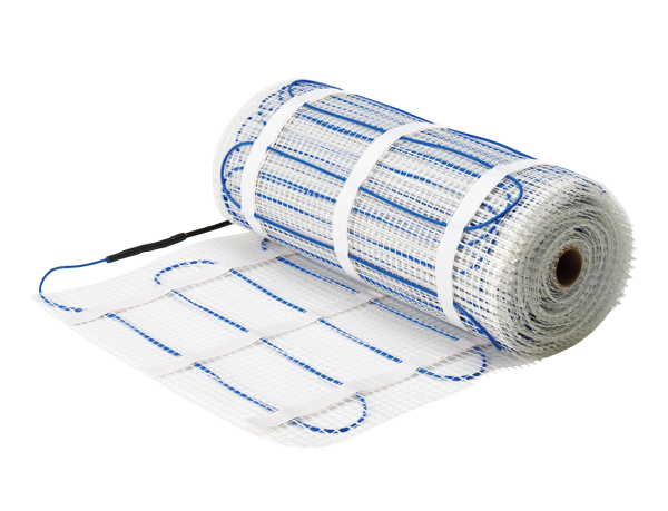 Vloerverwarmingsmat met blauwe kabel 150watt per m2 uitgerold